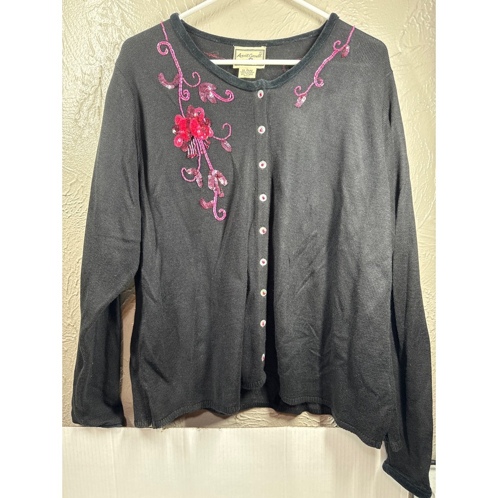April Cornell Embellished Cardigan Sweater Sequins‎ Beads Black Women Size Large